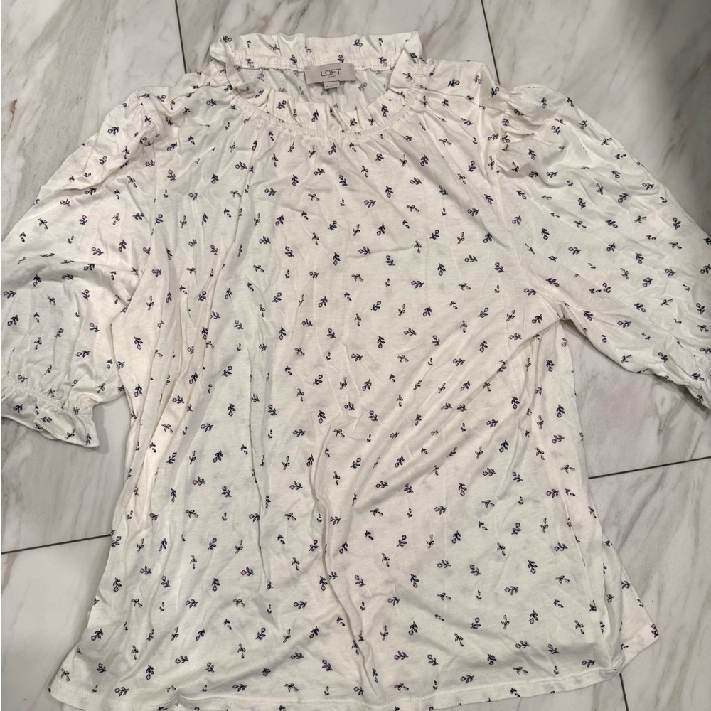 LOFT White Smocked Ruffled Blouse with 3/4 Sleeves